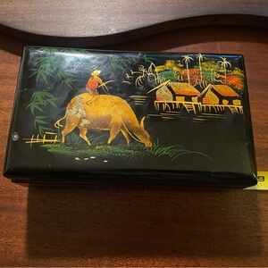 Chinese Black Lacquer Jewelry Box with Village Scene